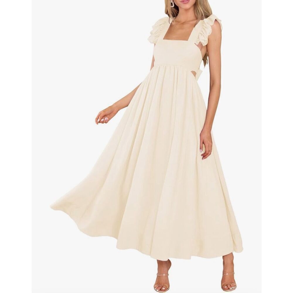 NEW Flutter Sleeve Square Neck Tie Back A-Line Maxi Dress Pocket L